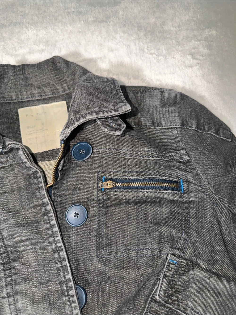 Free People Size 4 Y2K Grey Moto Denim Jacket Utility Zip Pockets Drawstring Hem
